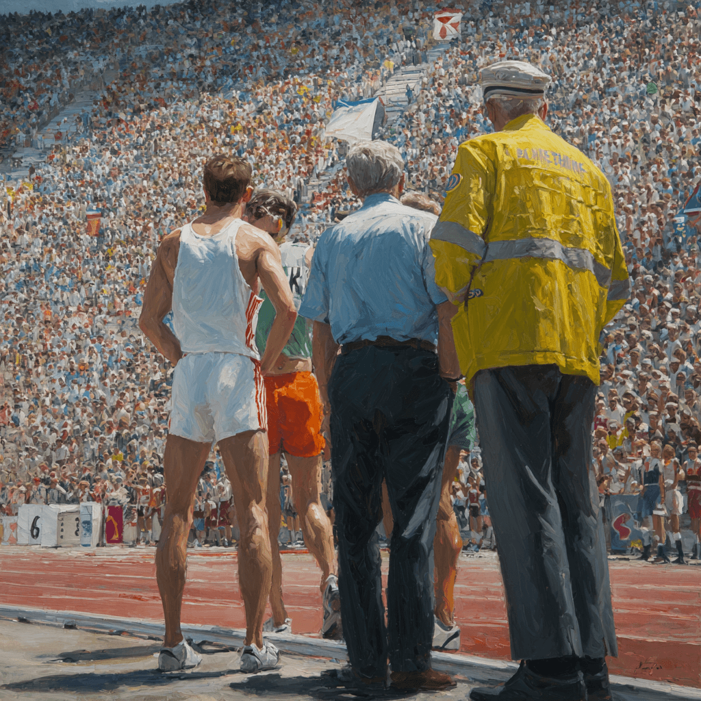 An athlete in racing kit standing on a track beside officials in coats and high-visibility vests — the operator and the stewards, side by side