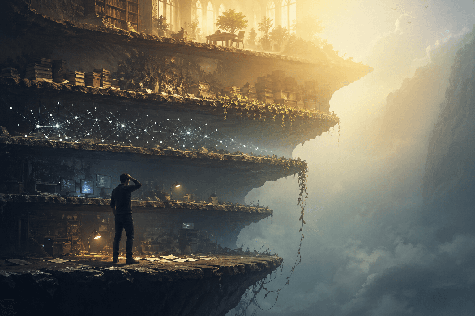 A figure standing on stacked, terraced platforms — layered structures rising into mist, illustrating abstraction layers in modern systems