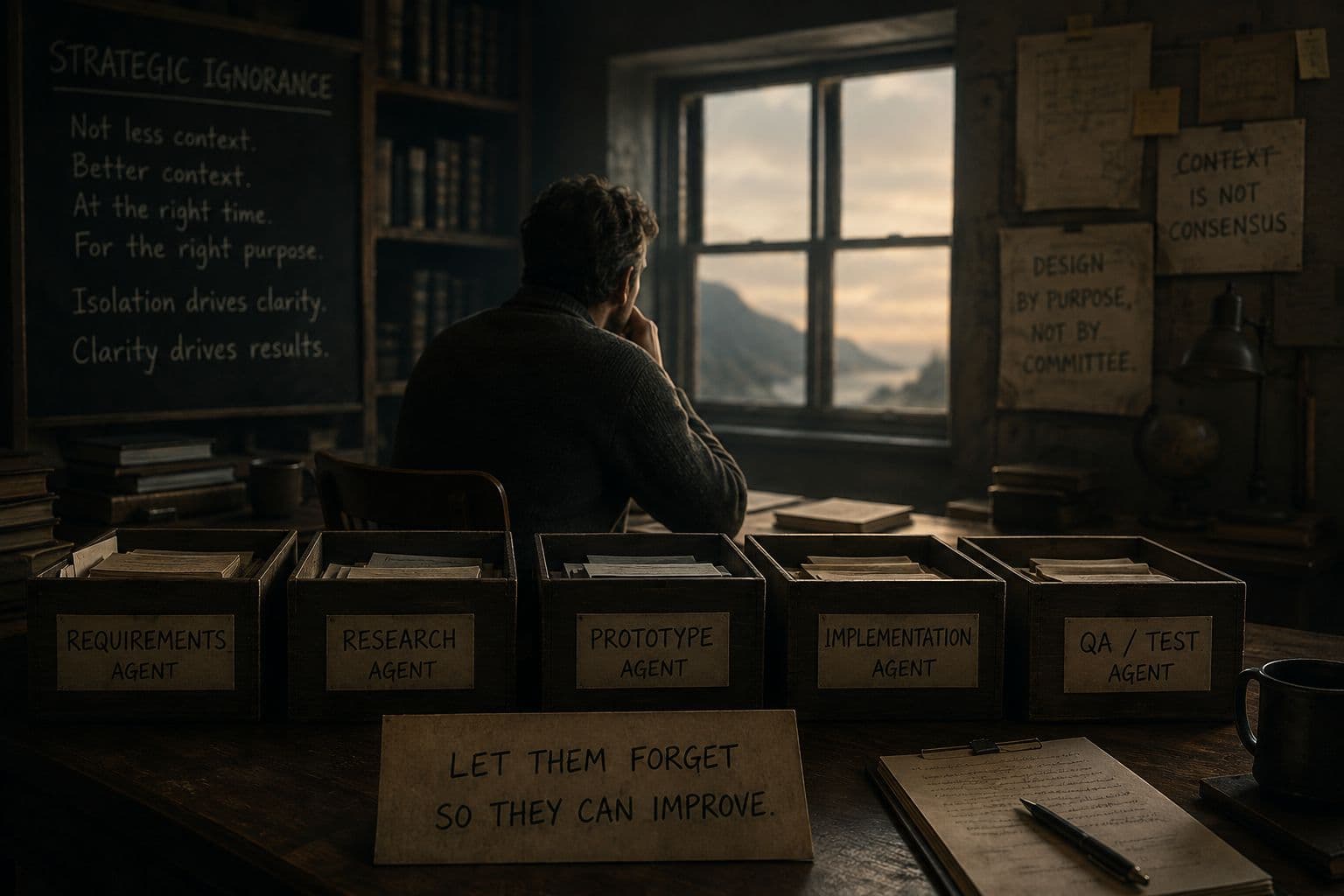 A study with labeled boxes for Requirements, Research, Prototype, Implementation, and QA agents, under a chalkboard reading Strategic Ignorance, and a card that says let them forget so they can improve